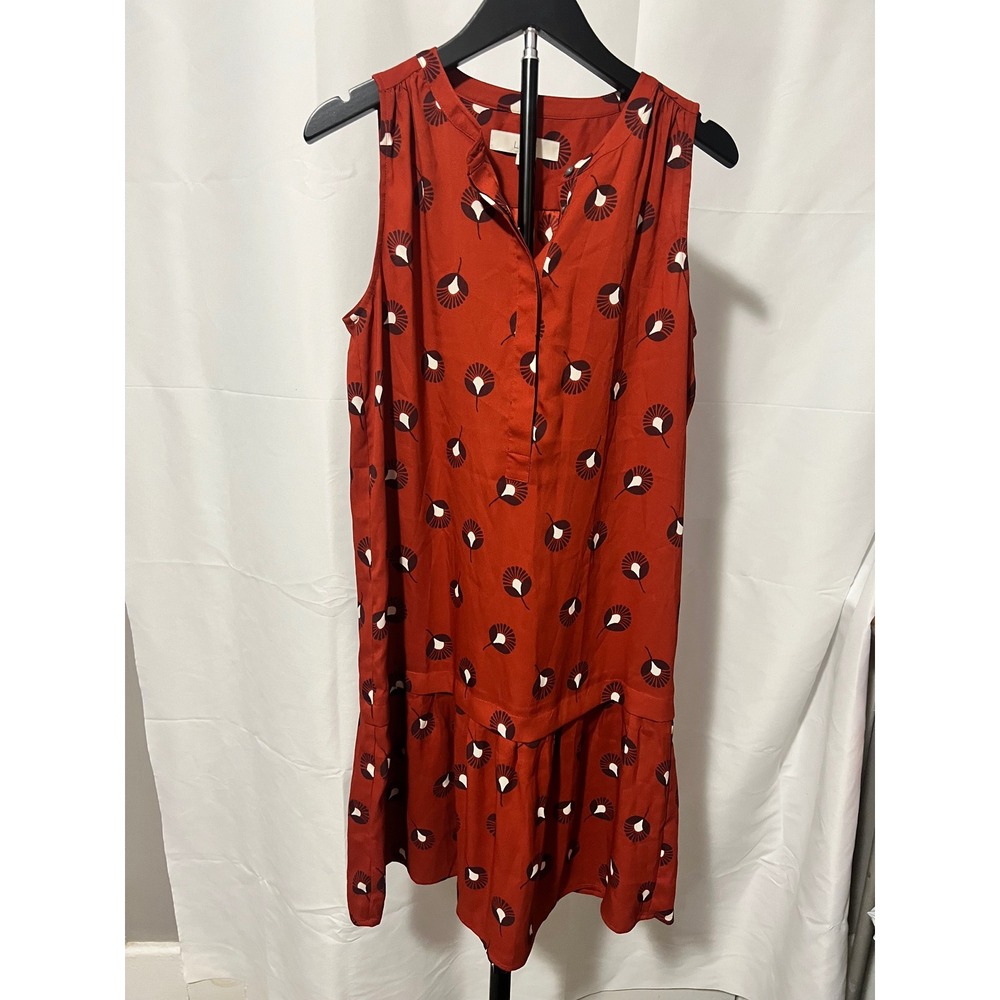 Ann Taylor Loft Rust Red Floral Print Sleeveless Drop Waist Ruffle Dress Size ST